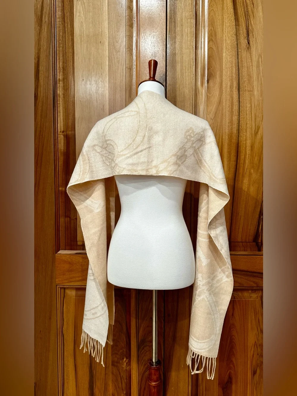 Ralph Lauren Pure Wool, Cream & Camel Fringed Equestrian Belting-Motif Scarf EUC